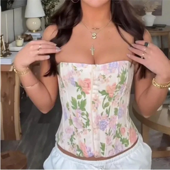 Zara Floral Corset Top XS Cream Pastel Blogger Favorite Bustier Coquette Style - Picture 1 of 10